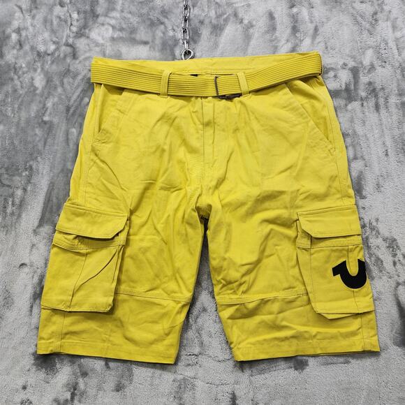 NEW True Religion Shorts Mens 42 Yellow Belted Cargo Cotton Embroidered Logo - Picture 1 of 14